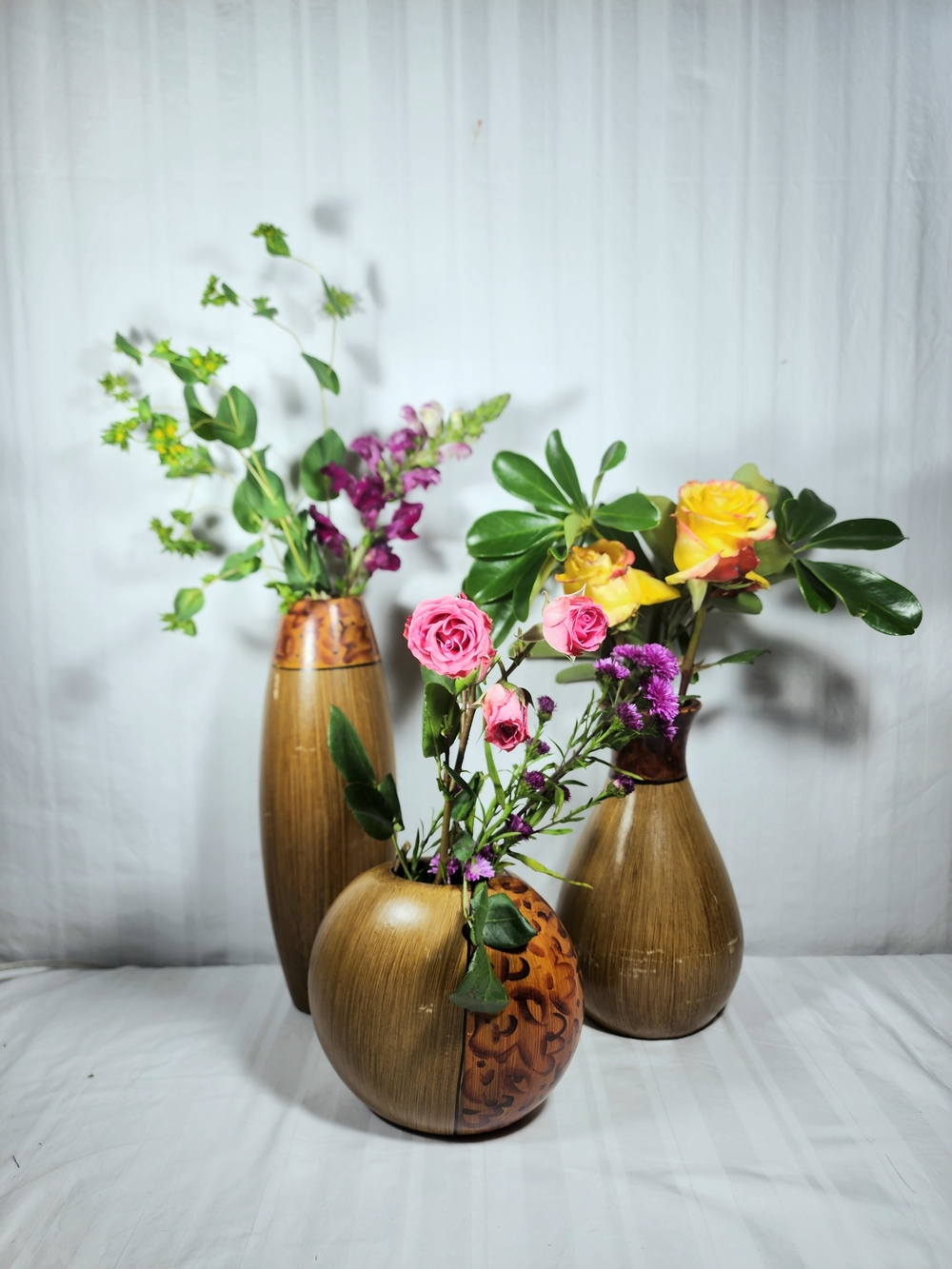 Elegant Expressions Wooden Vase Set Decorative 3 Pc. Burled Wood 12.5" 9.5" 5.9"